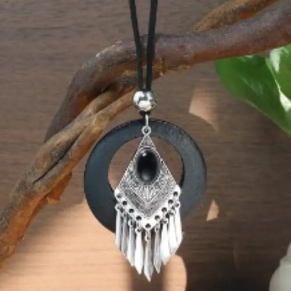 Antique Silver Rhinestone Inlaid Black Turquoise Tassel Earrings, Double-layer P - Picture 9 of 10